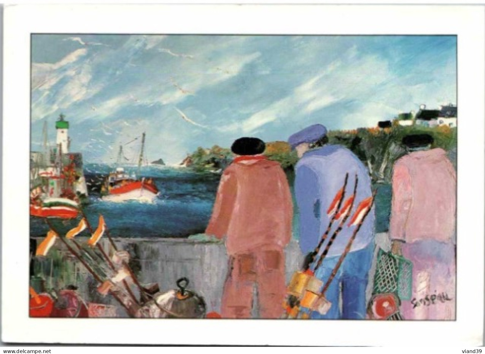 " Les Marins De L'île D'Houât"  De SANSEAU.   Cachet Poste. 1990. - Peintures & Tableaux