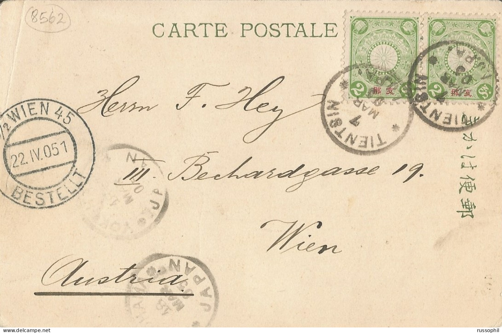 JAPANESE POST IN CHINA - FRANKED PC (RUSSO JAPANESE WAR) SENT FROM CHINA / TIENTSIN - TIANJIN TO AUSTRIA - 1905 - Storia Postale