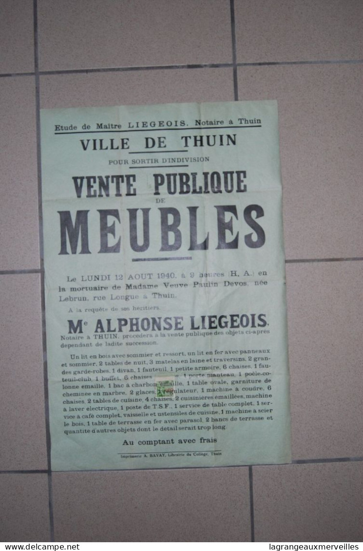 A1 Affiche - Vente Publique - Thuin - 1940 !!! Notaire - Posters