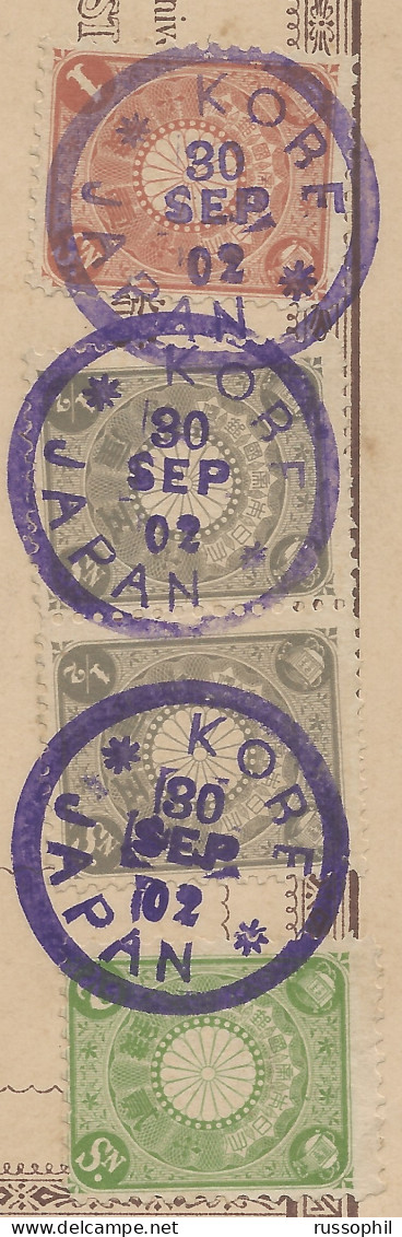 JAPAN - 4 SEN 4 STAMP THREE COLOUR FRANKING ON PC (VIEW OF KIOTO)  FROM KOBE TO FRANCE - 1902 - Briefe U. Dokumente