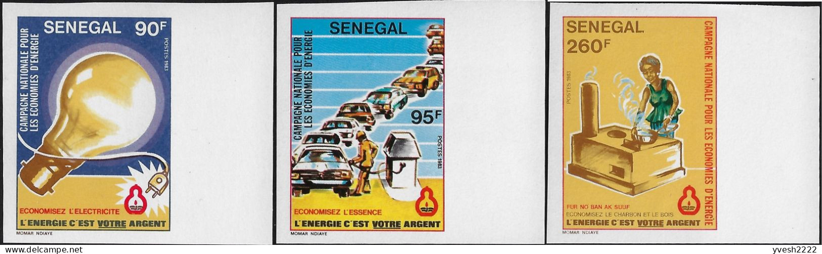 Sénégal 1983 Y&T 589 à 591 Non Dentelés. Campagne Nationale Pour Les économies D'énergie. Lampe, Station Service, Bois - Erdöl