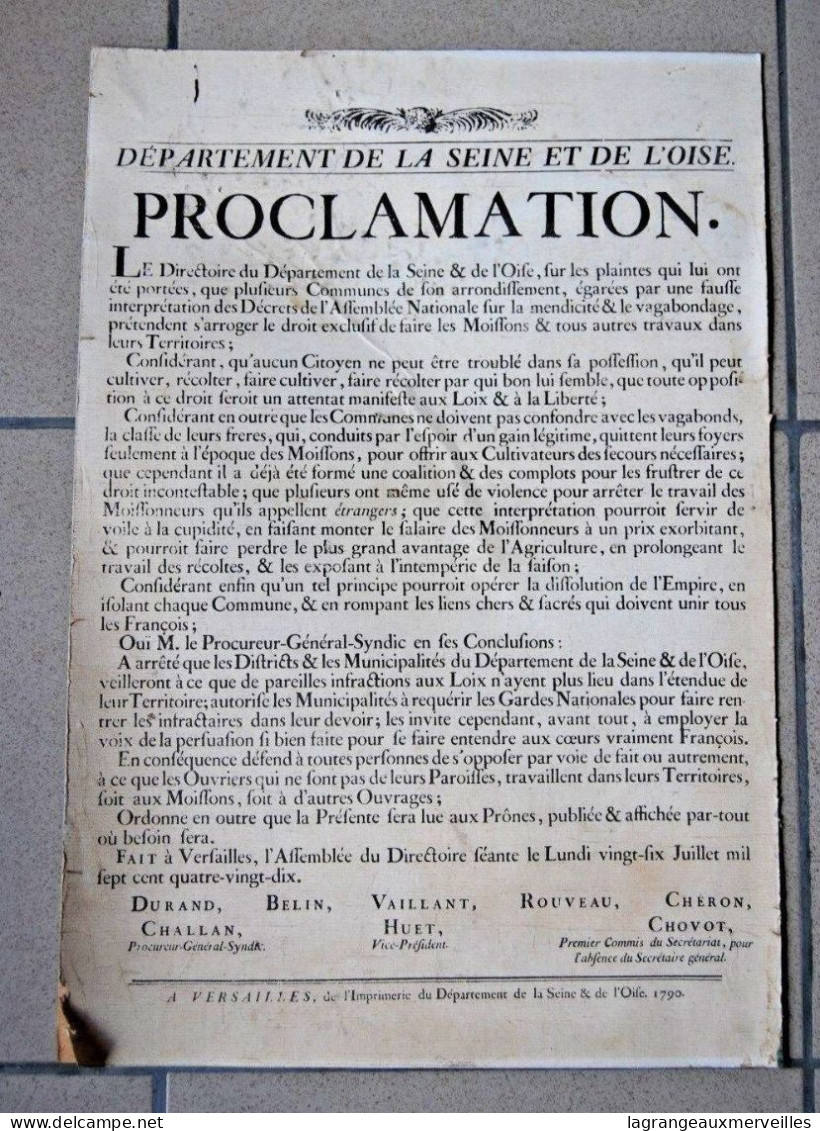 A1 Affiche - Document 1790 - France - Mendicité - Administration - Proclamation - Posters