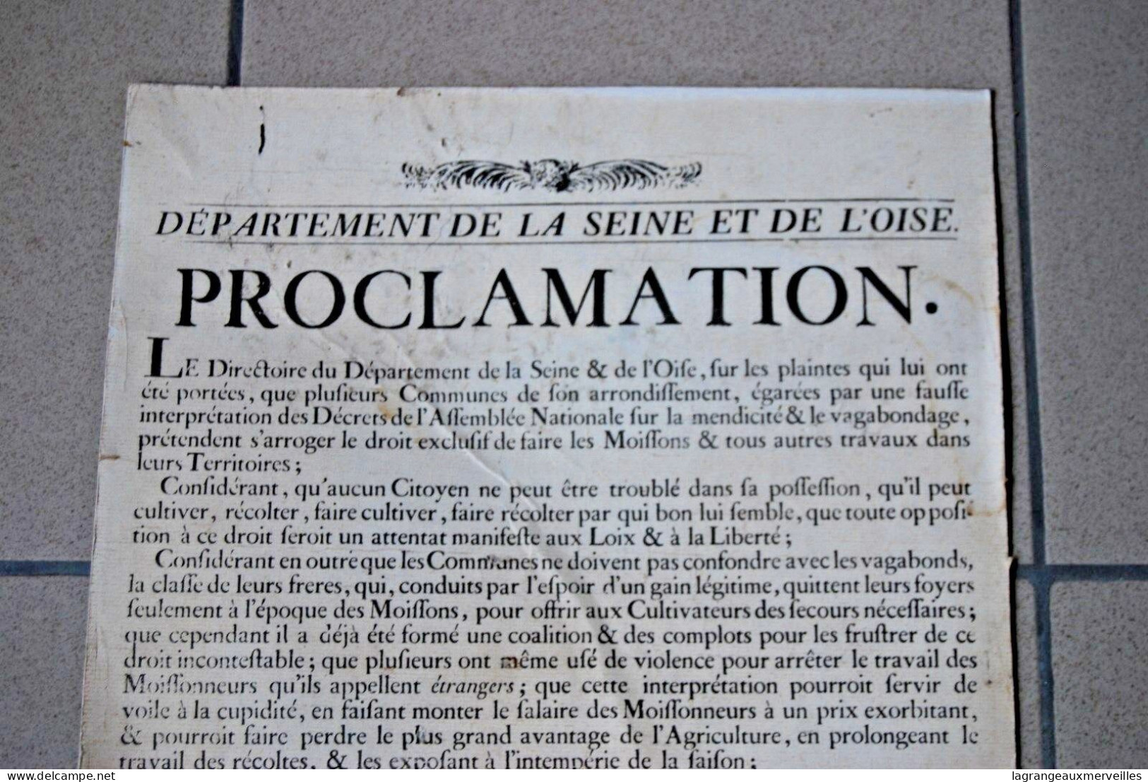 A1 Affiche - Document 1790 - France - Mendicité - Administration - Proclamation - Affiches