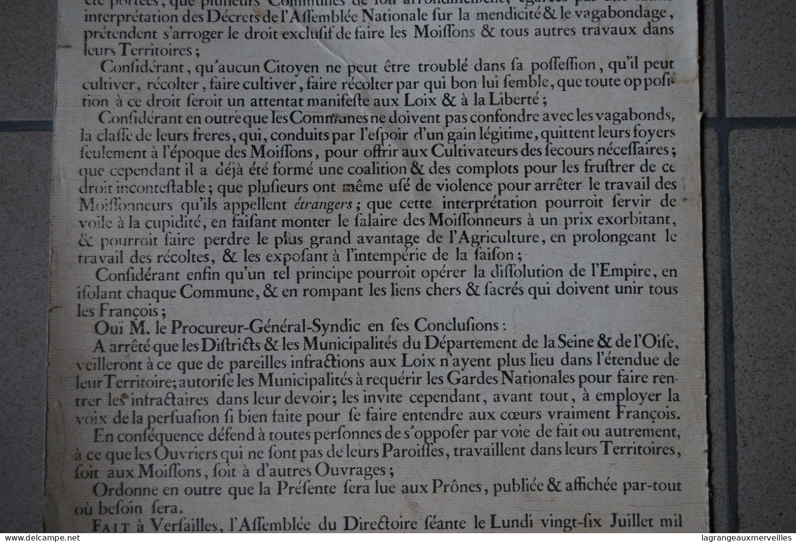 A1 Affiche - Document 1790 - France - Mendicité - Administration - Proclamation - Posters