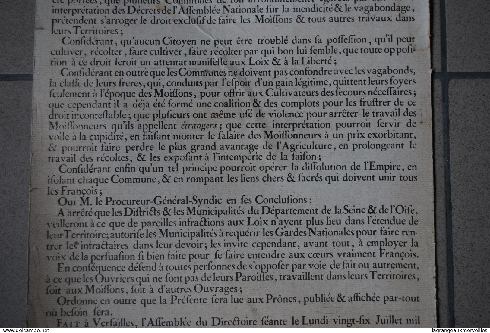 A1 Affiche - Document 1790 - France - Mendicité - Administration - Proclamation - Afiches