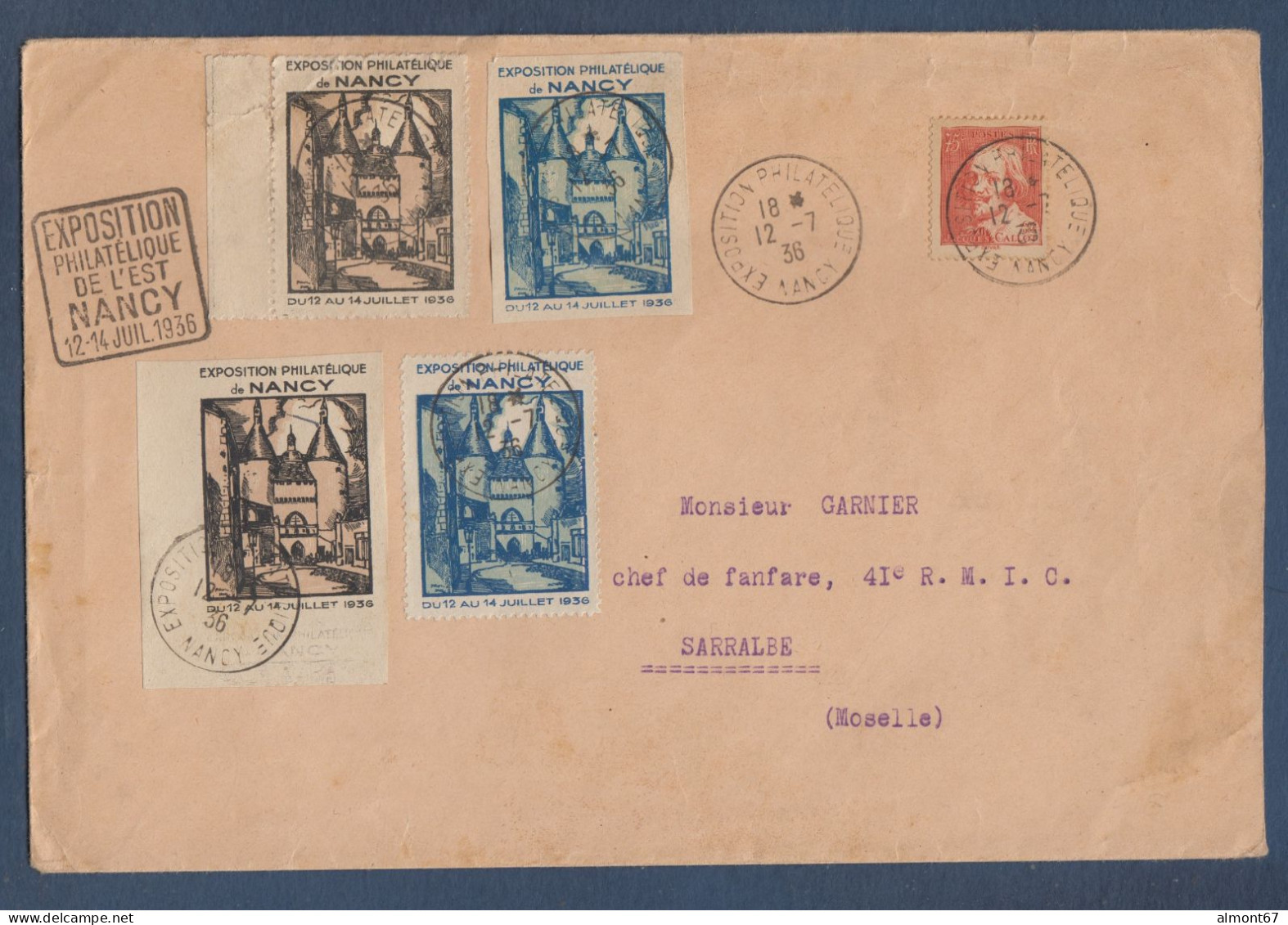 Exposition Philatélique De Nancy  1936 - Enveloppe Avec Vignettes - Philatelic Fairs