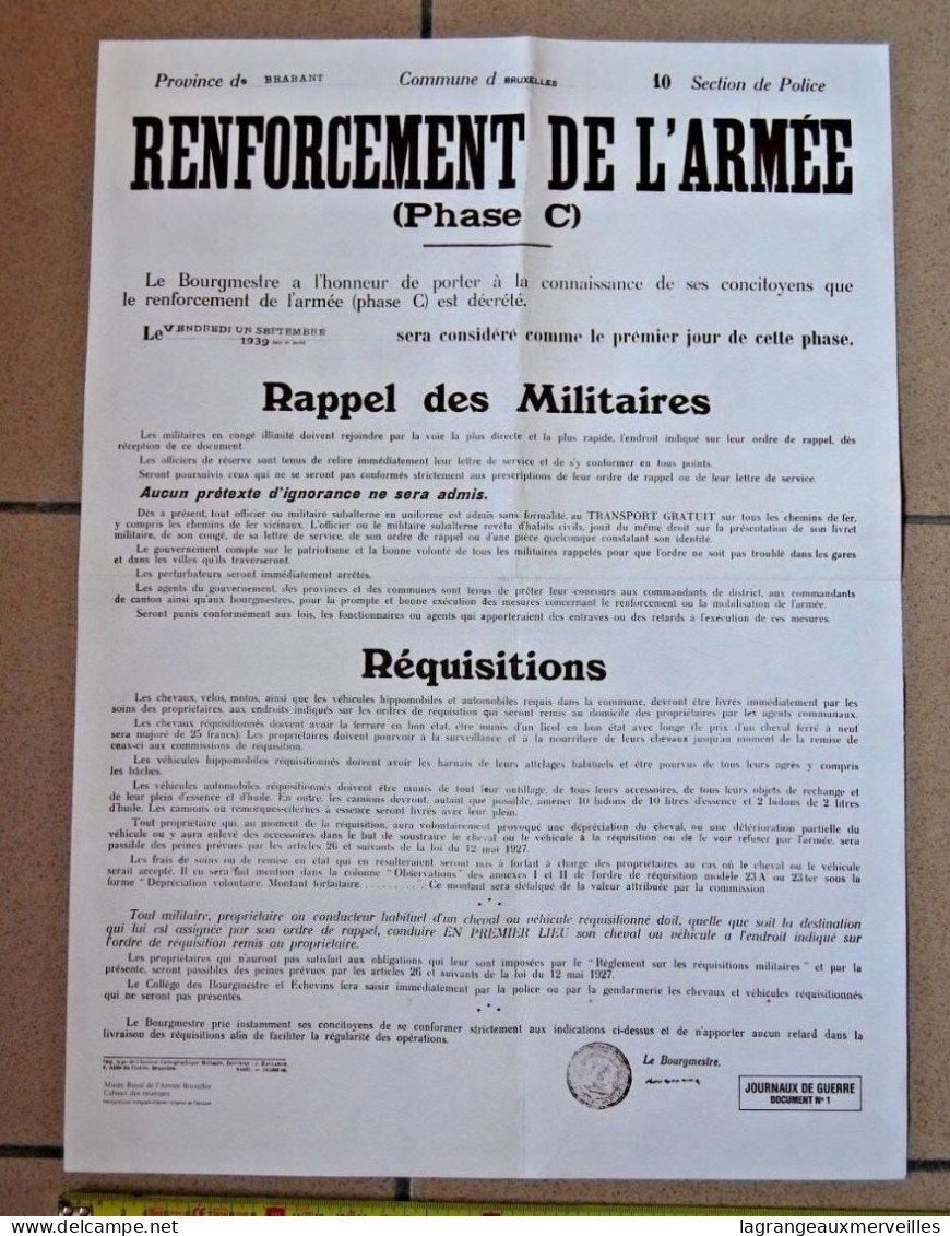 A1 Affiche Renforcement De L'armée Prov. Du Brabant 1939 - Plakate