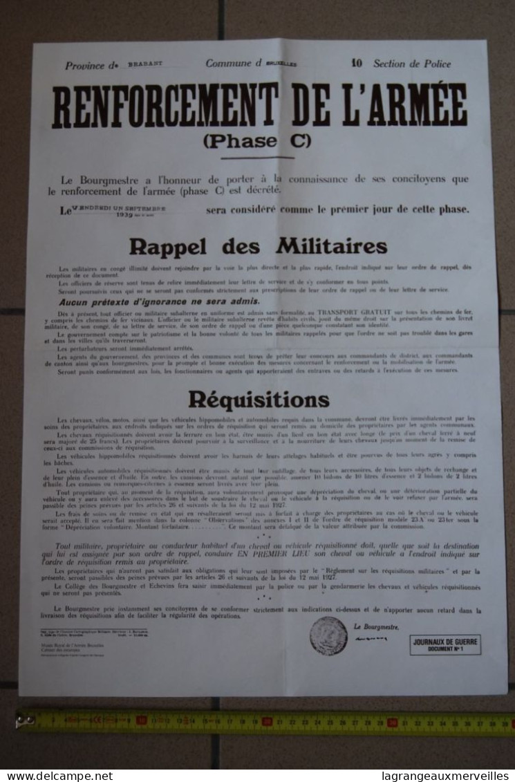 A1 Affiche Renforcement De L'armée Prov. Du Brabant 1939 - Manifesti