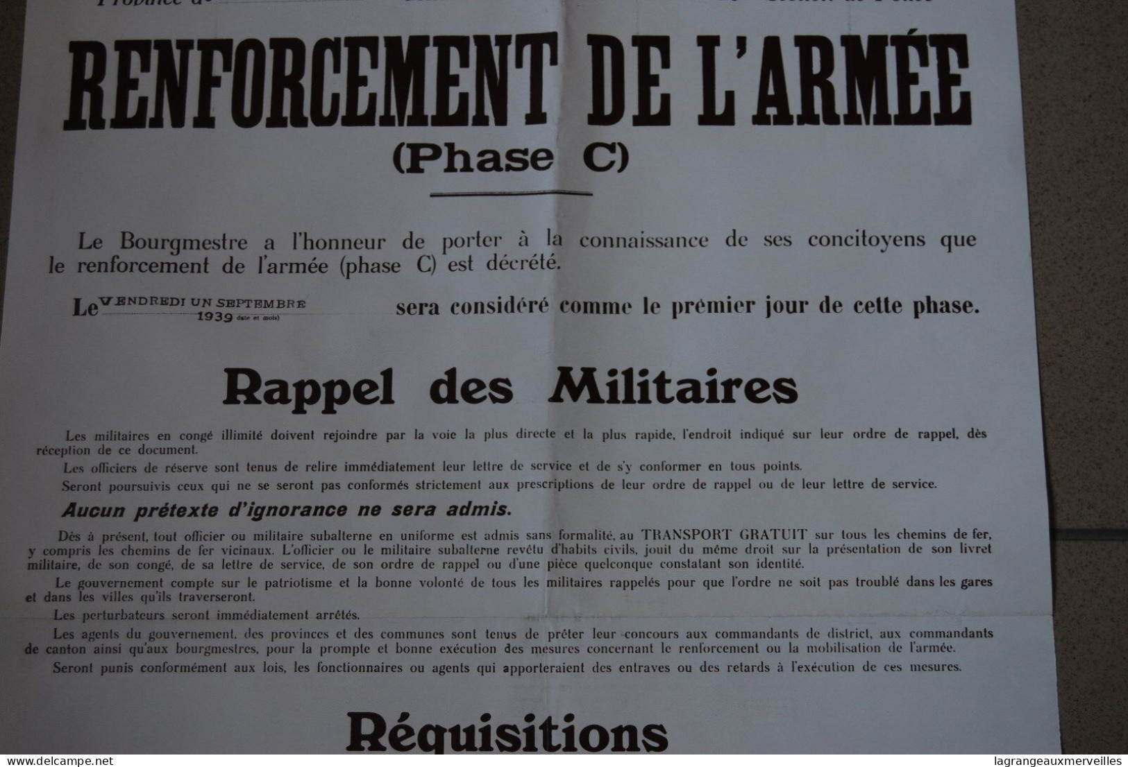 A1 Affiche Renforcement De L'armée Prov. Du Brabant 1939 - Manifesti