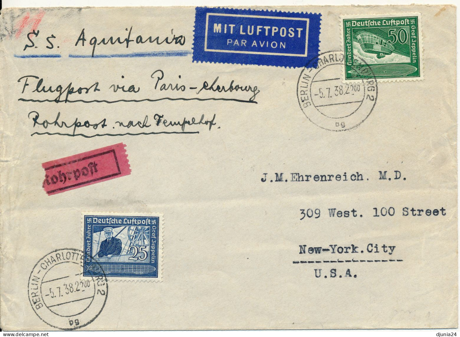 BF0682 / BERLIN - CHARLOTTENBURG  - 15.11.38  ,  Rohrpost Nach Tempelhof , Luftpost Nach Cherbourg  -  Michel  669/670 - Poste Aérienne & Zeppelin