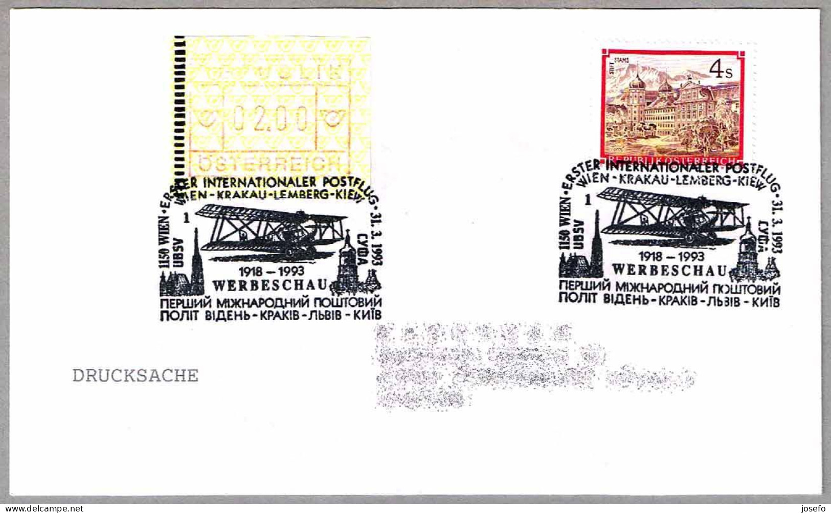 Primer Correo Postal WIEN-KRAKAU-LEMBERG-KIEW - First Postal Flight. Wien 1993 - Poste