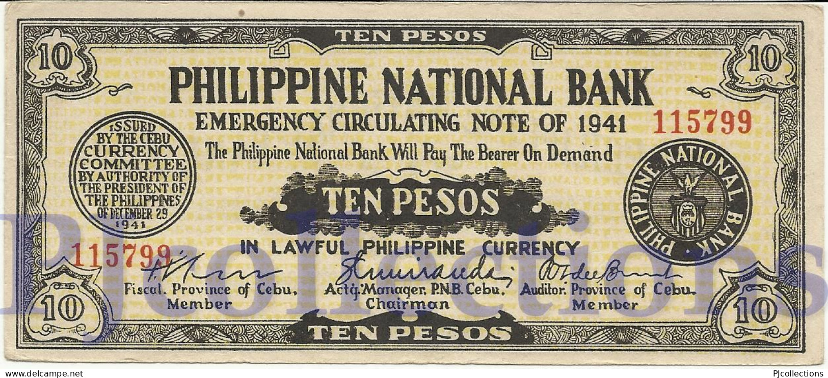 PHILIPPINES 10 PESOS 1941 PICK S217b AU/UNC EMERGENCY BANKNOTE - Filippijnen