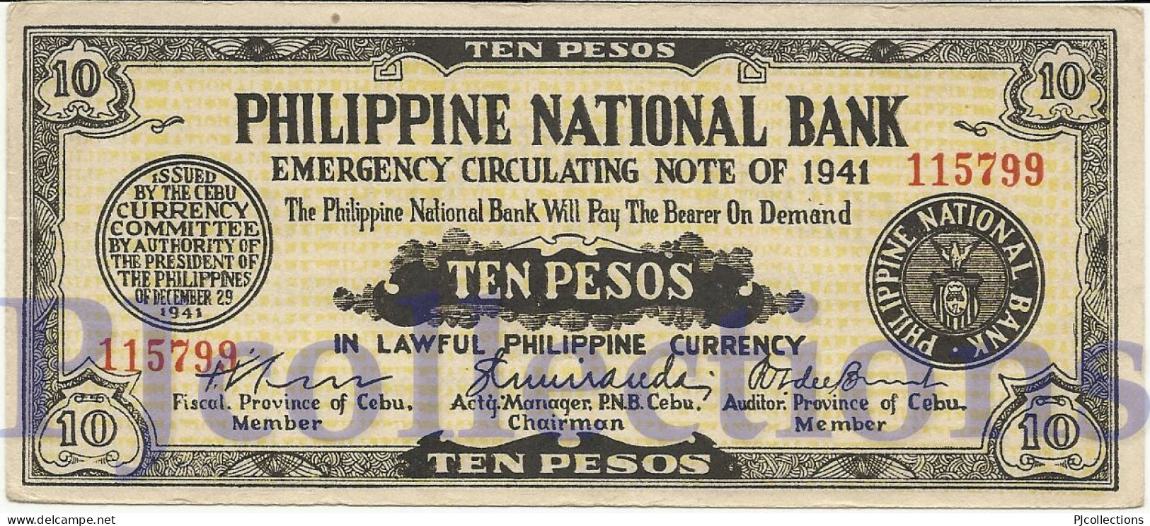 PHILIPPINES 10 PESOS 1941 PICK S217b AU/UNC EMERGENCY BANKNOTE - Philippines