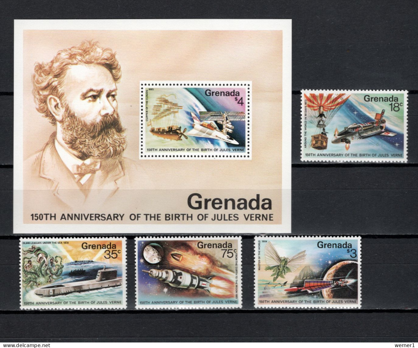 Grenada 1979 Space, Jules Verne 150th Birthday Anniversary Set Of 4 + S/s MNH - Amérique Du Nord