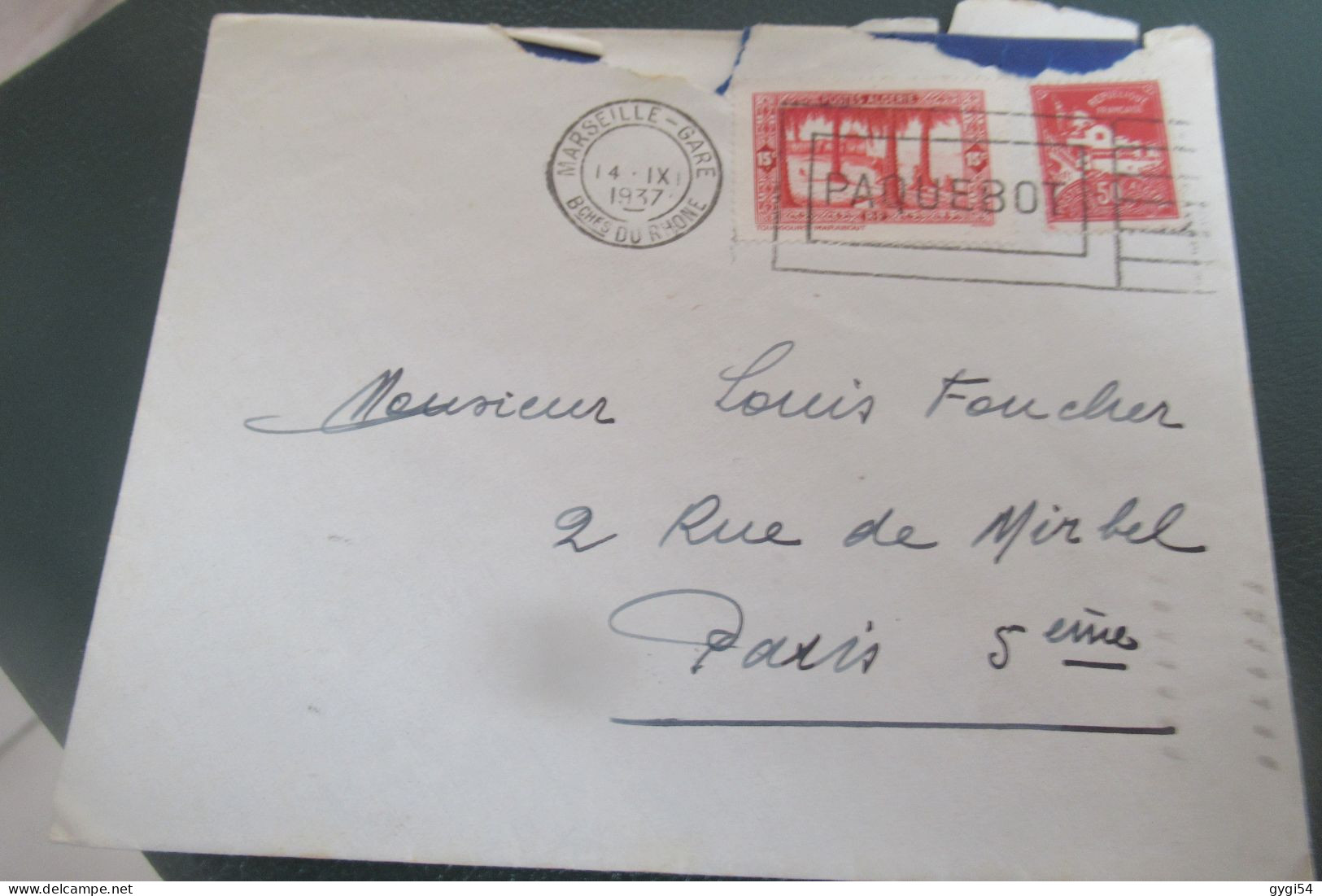 ALGERIE  Lettre PAR  PAQUEBOT   Du 14 09 1937  De  BONE Pour PARIS Via MARSEILLE - Gare - Covers & Documents