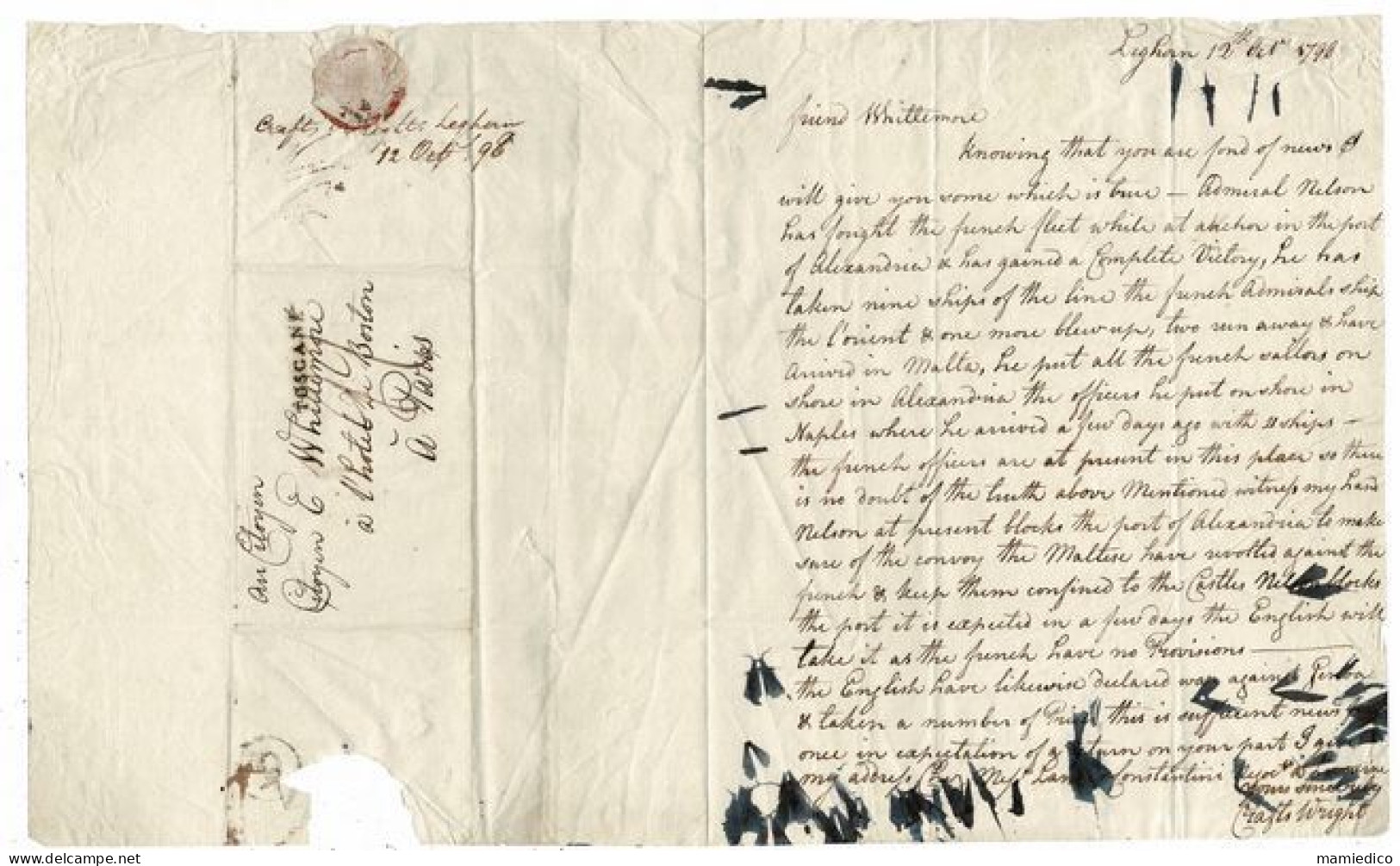 12 Oct 1798 ITALIE. Enveloppe-Lettre Envoyée De Leyhorn(Livourne) . Tampon Postal TOSCANE. En L'état. - Unclassified