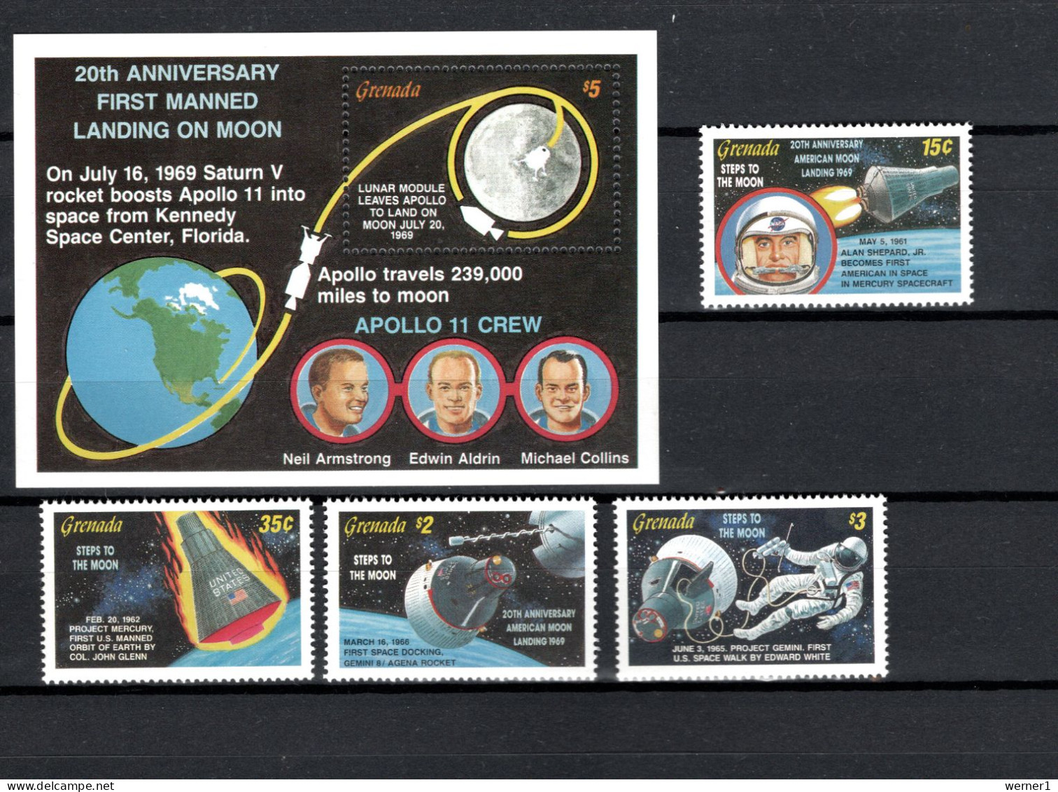 Grenada 1989 Space, 20th Anniversary Of Apollo 11 Moonlanding 4 Stamps + S/s MNH - North  America