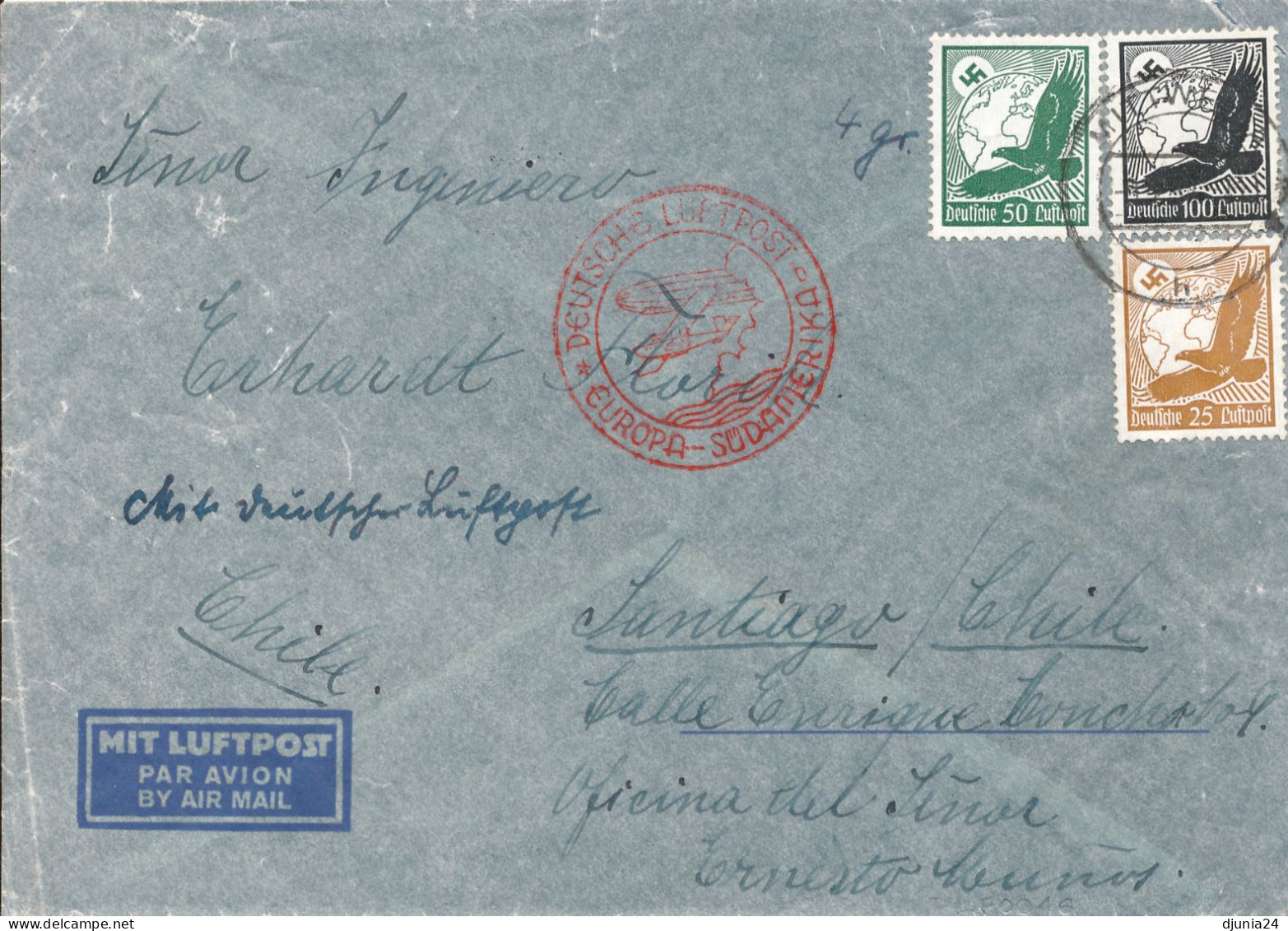 BF0684 / MITTWEIDA  -  2.1937  ,  Nach Santiago / Chile  15 FEB 37  -  Michel 533 , 535 , 537 - Airmail & Zeppelin