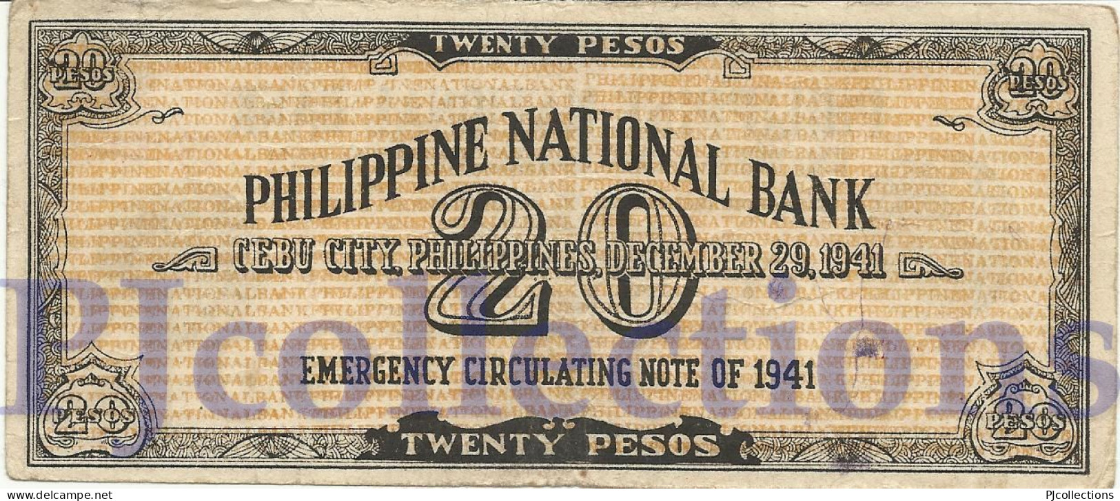 PHILIPPINES 20 PESOS 1941 PICK S218a AXF EMERGENCY BANKNOTE - Filippijnen