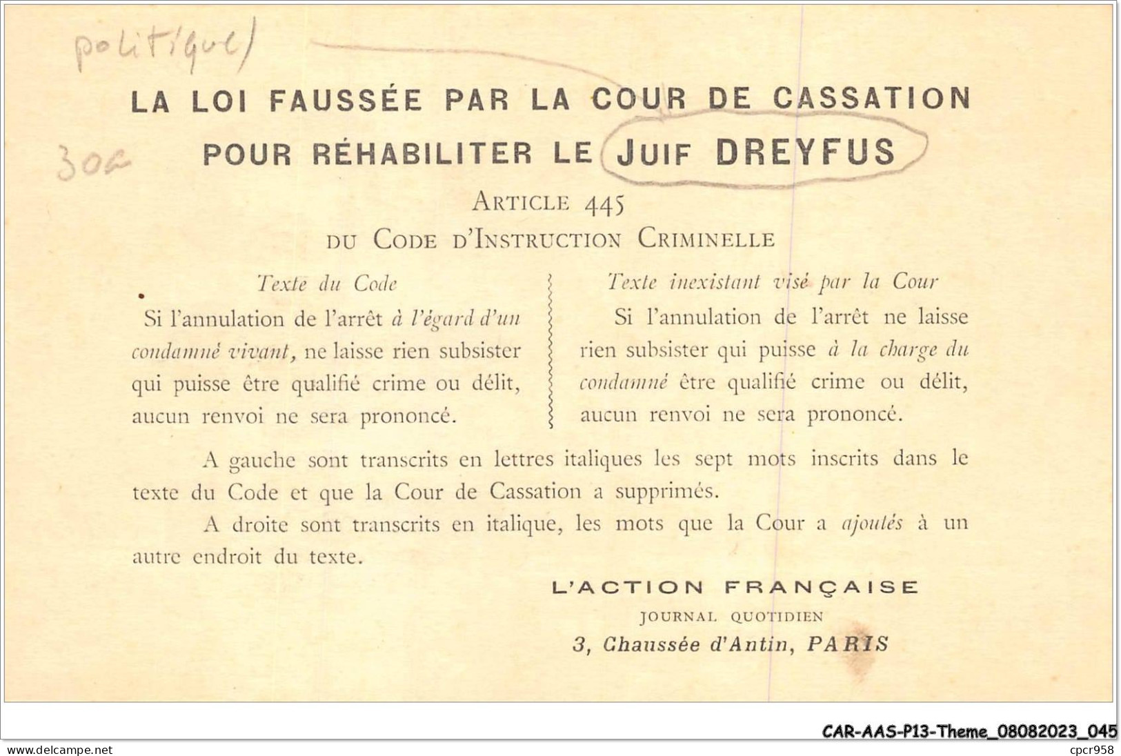 CAR-AASP13-0877 - POLITIQUE - LA LOI FAUSSEE PAR LA COUR DE CASSATION POUR REHABILITER LE JUIF DREYFUS - Ohne Zuordnung