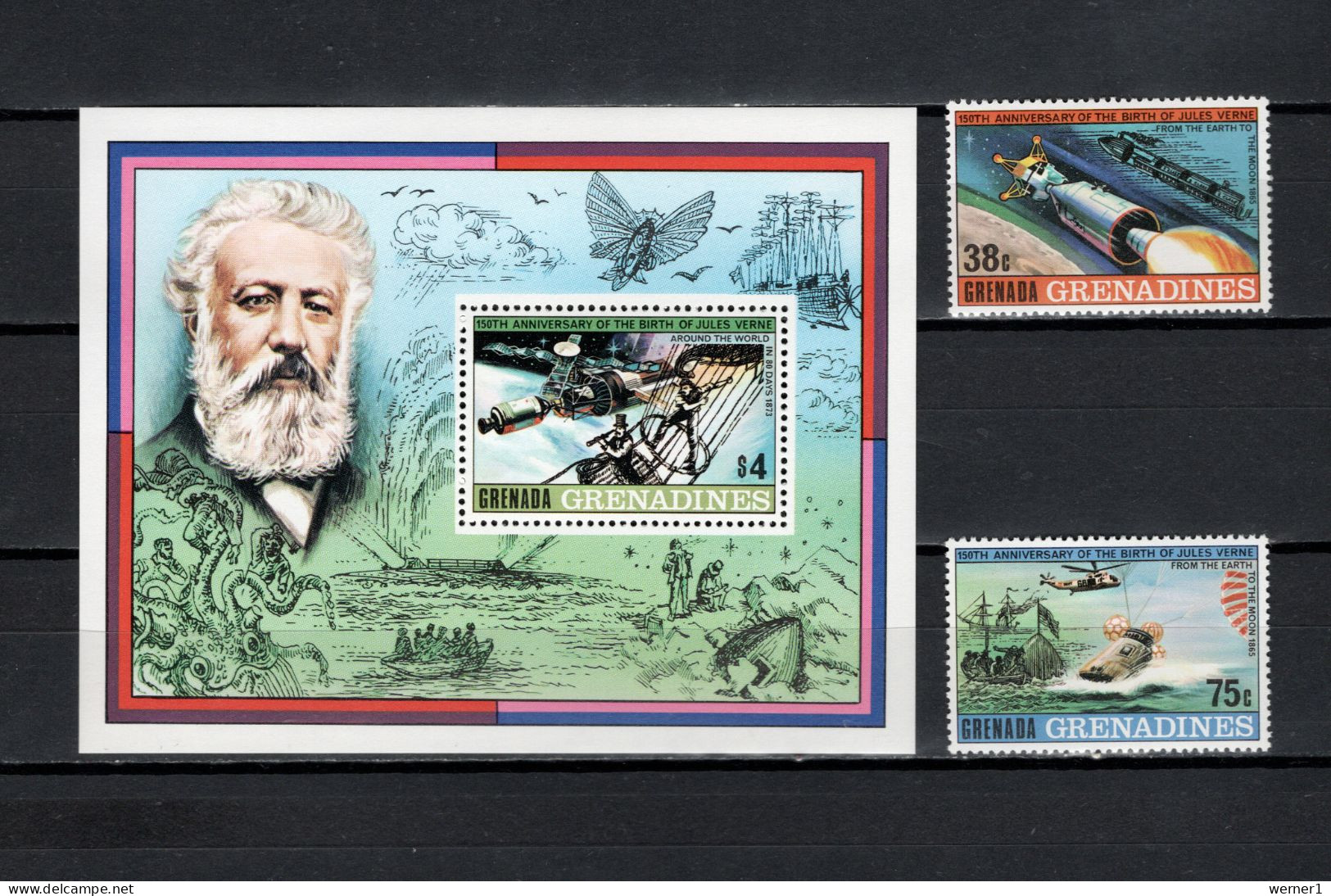 Grenada - Grenadines 1979 Space, Jules Verne 150th Birthday Anniversary 2 Stamps + S/s MNH - North  America