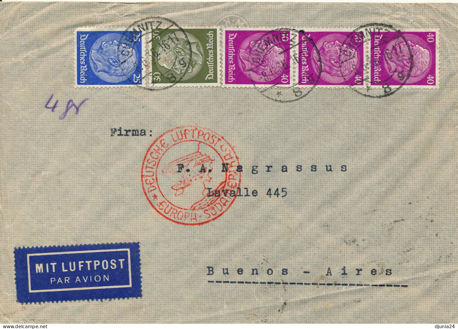 BF0685 / CHEMITZ  -  8.6.36  ,  Nach Buenos Aires / Argentinien  -  Michel 522-524 - Airmail & Zeppelin