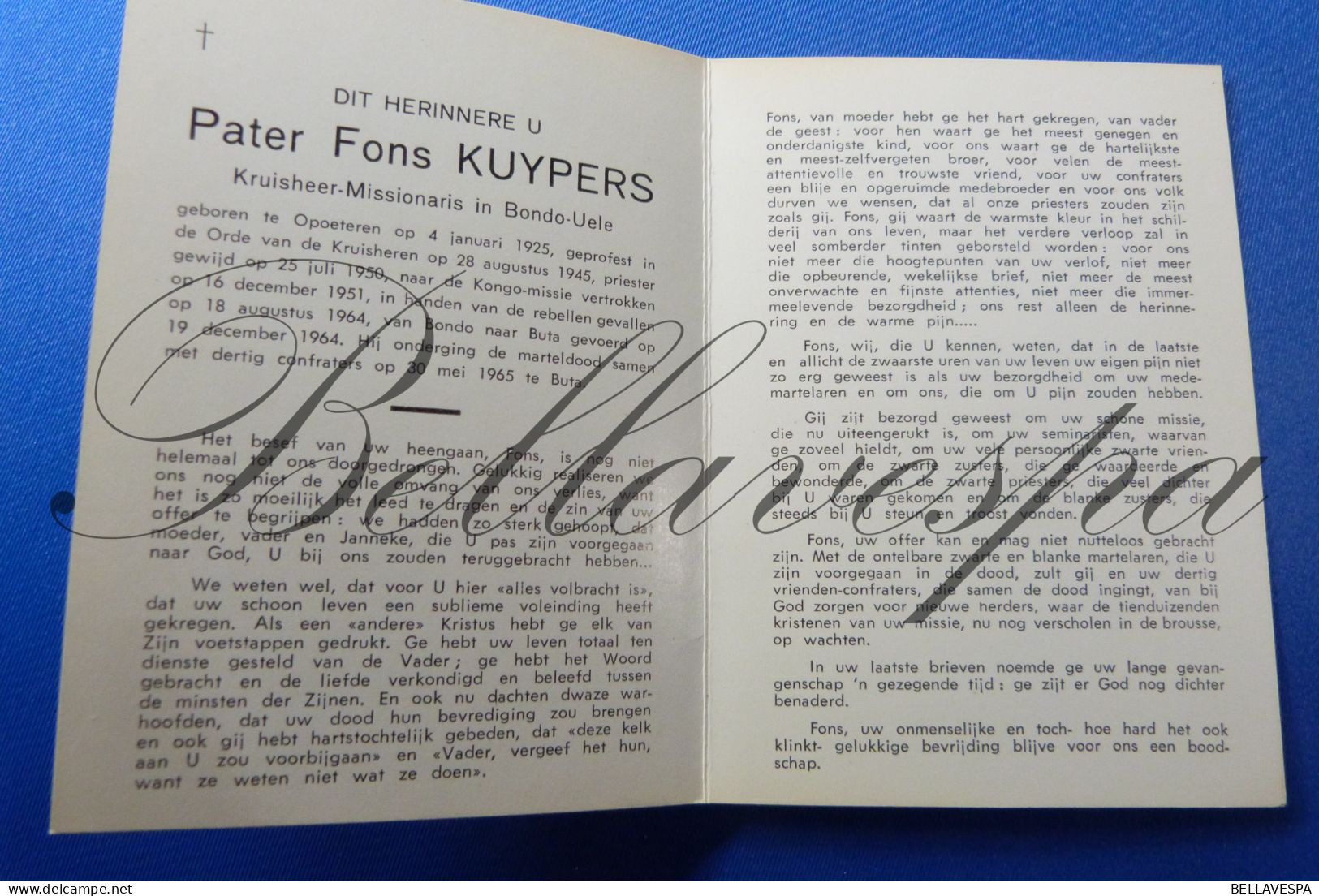 Kruisheer Pater Fons KUYPERS  Missie Belgisch-Congo-Belge  Mission  Opoeteren 1925 Marteldood Met 30 Collegas Buta 1965 - Obituary Notices