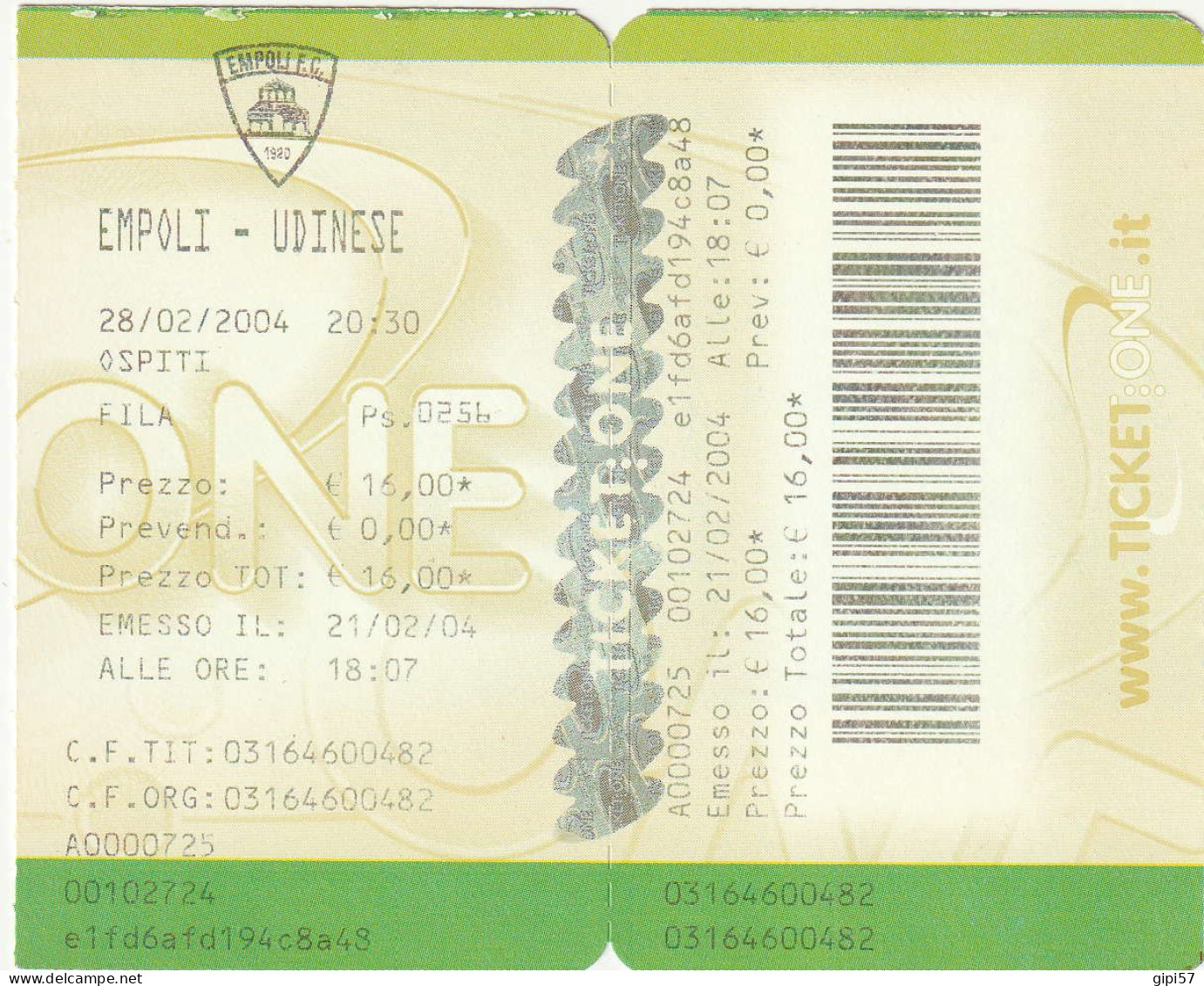 BIGLIETTO CALCIO EMPOLI UDINESE 28.02.2004 - Autres & Non Classés