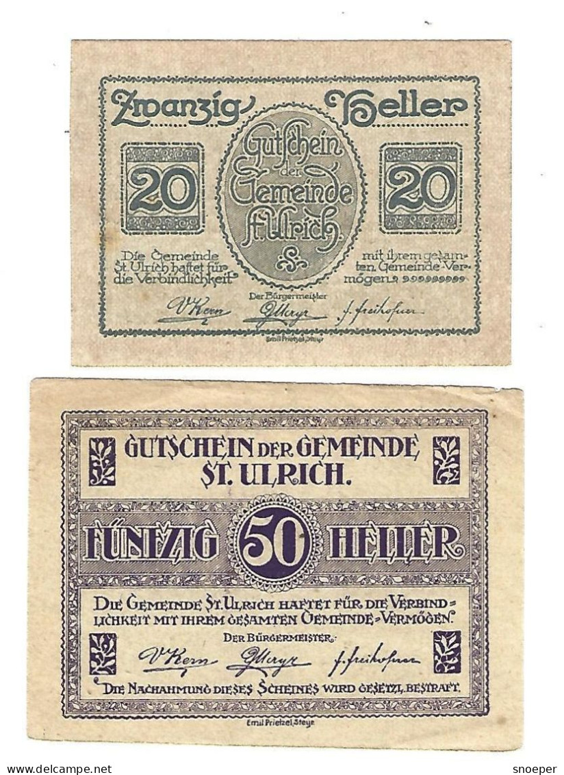 **notgeld   Austria St Ulrich 20+50 Heller  940 - Oostenrijk