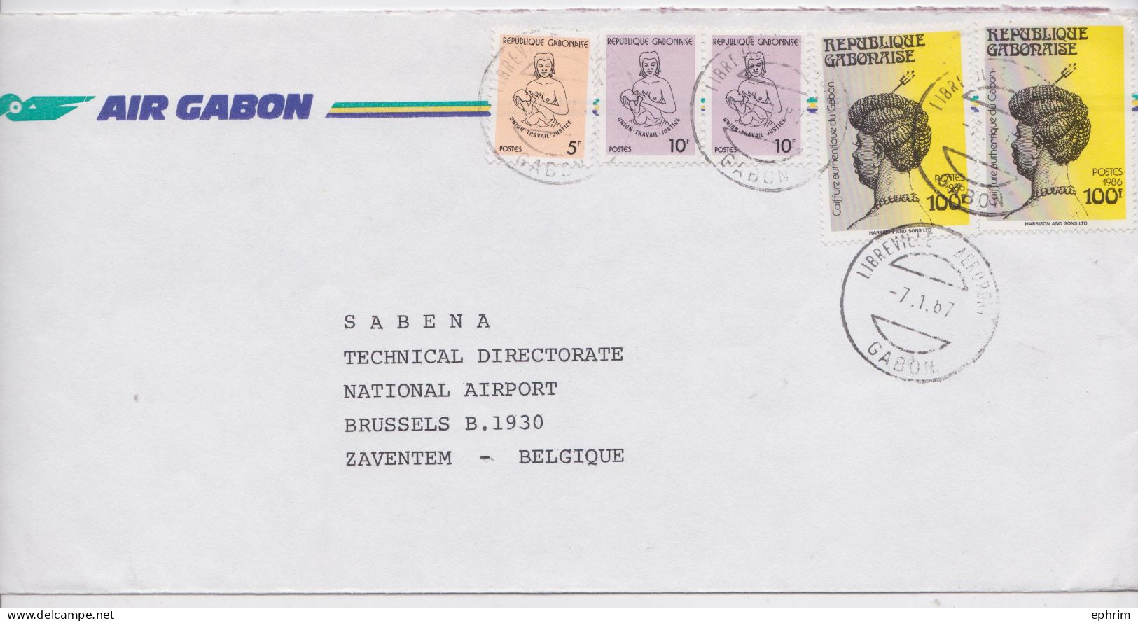 Air Gabon Lettre Timbre Coiffure Stamp Air Mail Cover To Zaventem 1987 - Gabon (1960-...)