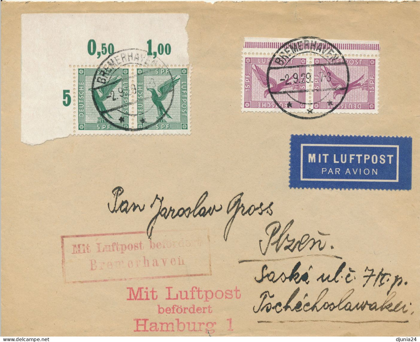 BF0691 / BREMERHAVEN  -  2.9.29  ,   Luftpost über Hamburg Nach Pilsen , Sonderporto  -  Michel  378 / A379 - Airmail & Zeppelin