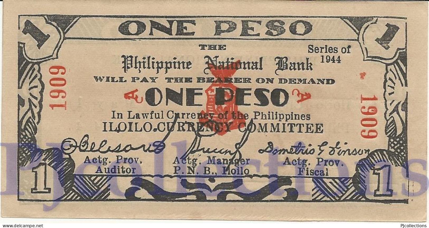 PHILIPPINES 1 PESO 1944 PICK S339 AUNC EMERGENCY BANKNOTE - Philippines