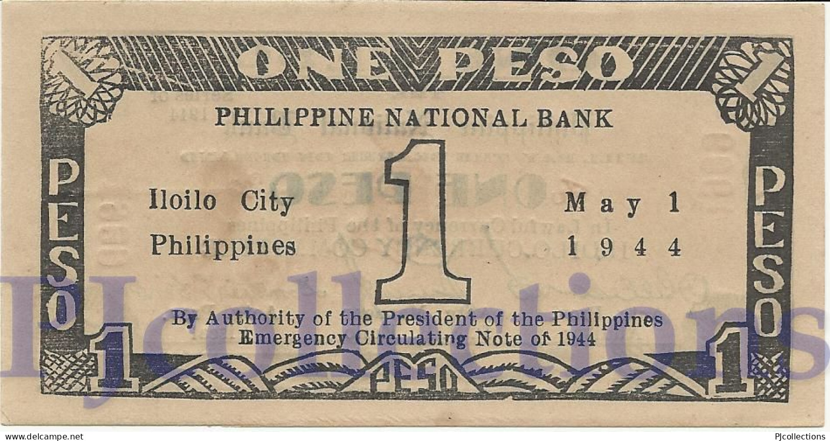 PHILIPPINES 1 PESO 1944 PICK S339 AUNC EMERGENCY BANKNOTE - Philippines