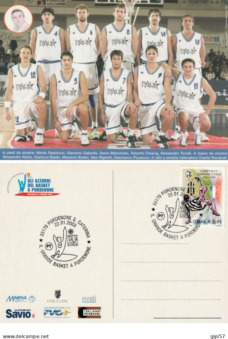 NAZIONALE ITALIA PALLACANESTRO PORDENONE 2003 CARTOLINA CON ANNULLO SPECIALE - Otros & Sin Clasificación