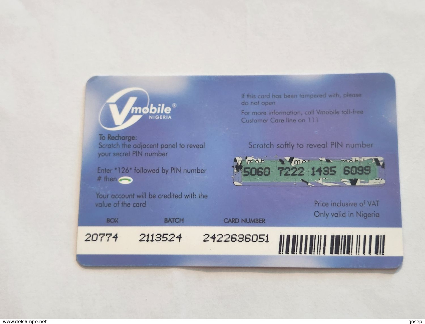 NIGERIA-(NG-VMO-REF-0001A)-V-mobile-(5060-7222-1435-6099)-(8)-(500 Naria Nigri)-used Card - Nigeria