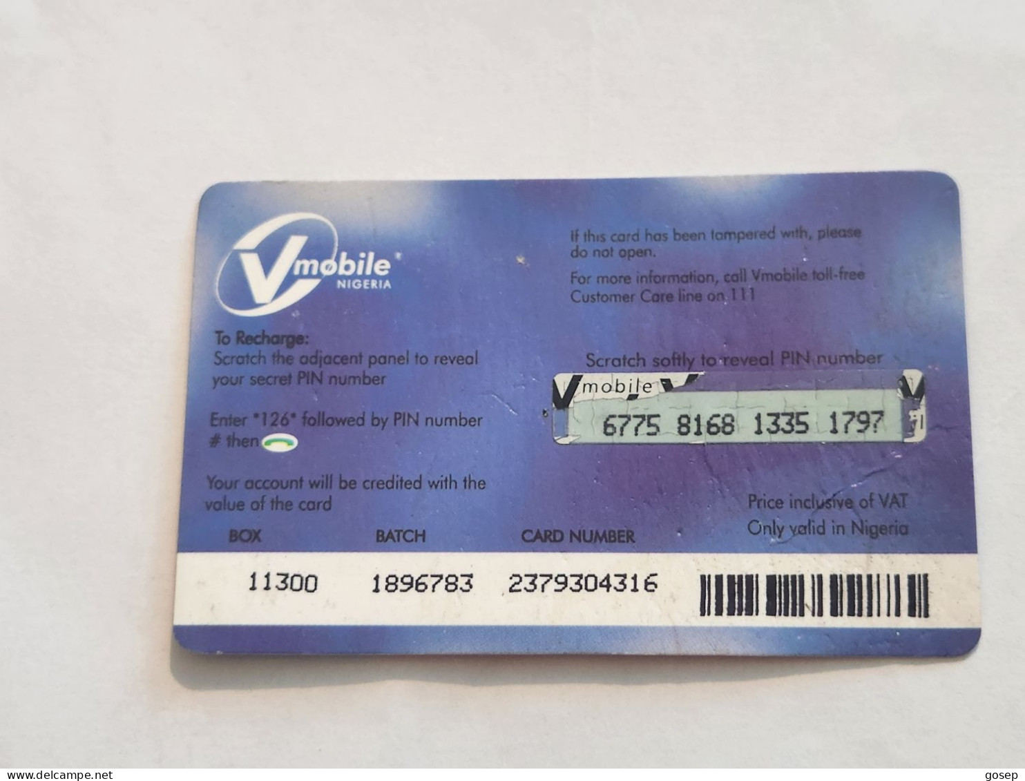 NIGERIA-(NG-VMO-REF-0001A)-V-mobile-(6775-8168-1335-1797)-(9)-(500 Naria Nigri)-used Card - Nigeria