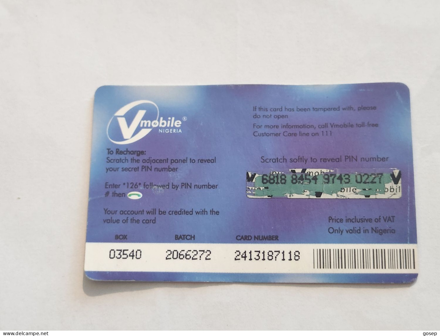 NIGERIA-(NG-VMO-REF-0001A)-V-mobile-(6818-8454-9743-0227)-(10)-(500 Naria Nigri)-used Card - Nigeria