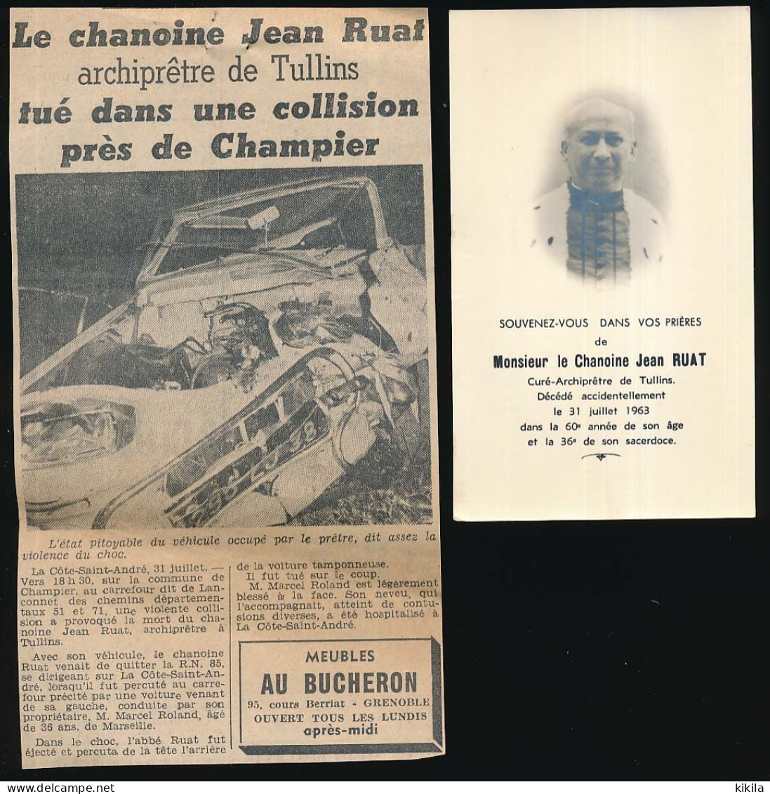 Photo Et Art. Presse  Isère TULLINS En Souvenir Du Chanoine Jean Ruat Curé-Archiprêtre Accident Du 31-07-1963 - Tullins