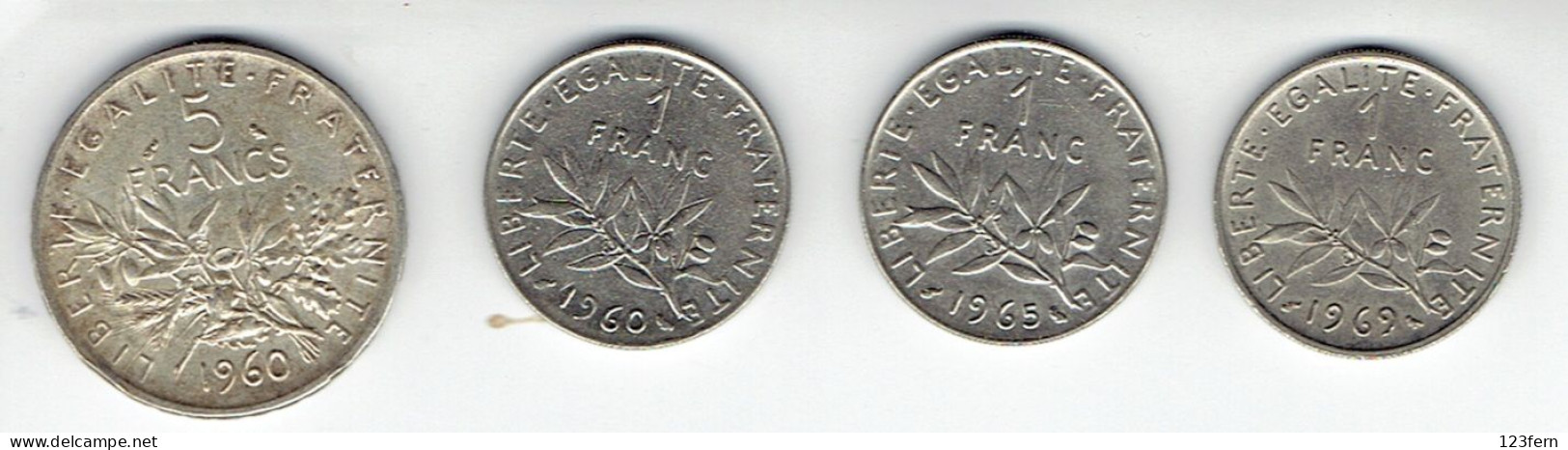 France, 5 Francs 1960 Argent  +3× 1,-France, Années 60 - Sammlungen