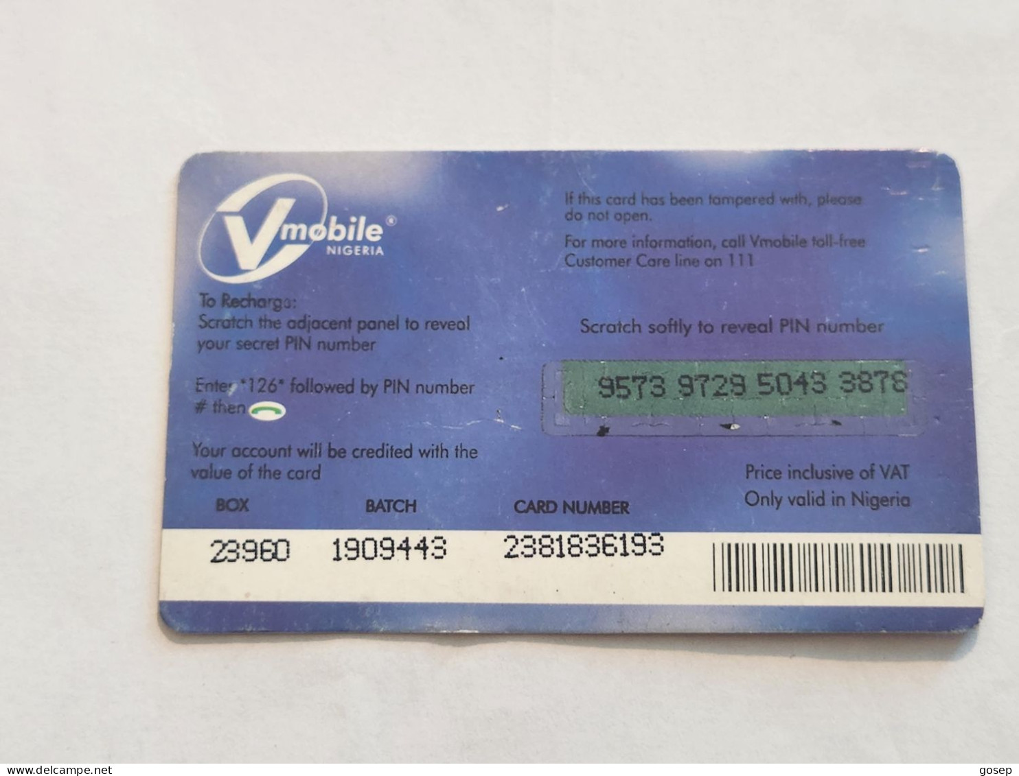 NIGERIA-(NG-VMO-REF-0001A)-V-mobile-(9573-9729-5043-3878)-(11)-(500 Naria Nigri)-used Card - Nigeria