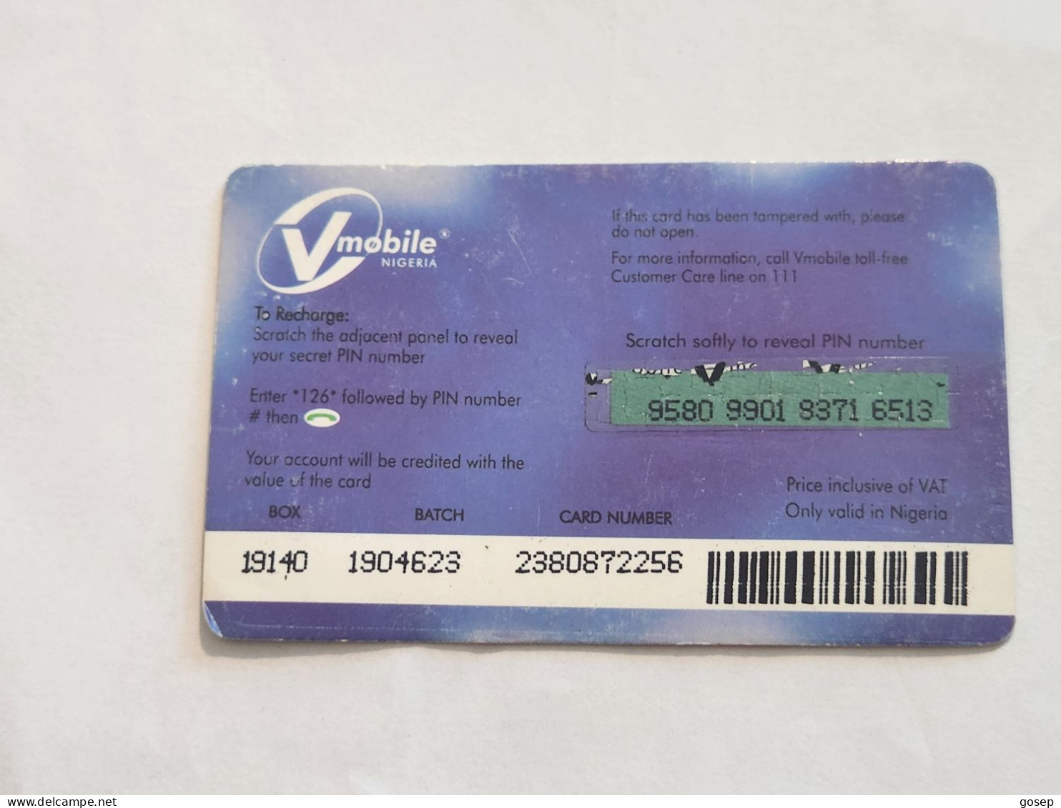 NIGERIA-(NG-VMO-REF-0001A)-V-mobile-(9580-9791-8371-6513)-(12)-(500 Naria Nigri)-used Card - Nigeria