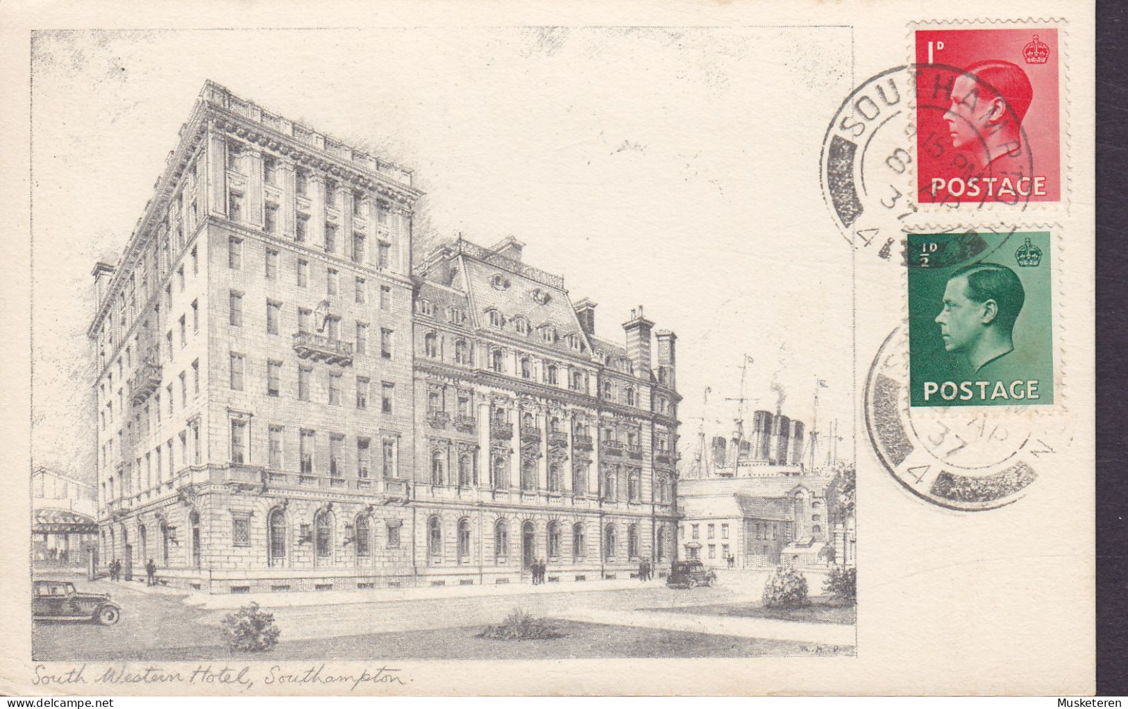 United Kingdom PPC South Western Hotel, Southampton Maximum Frontside Franking SOUTHAMPTON 1937 2x Edw. VIII. (2 Scans) - Cartas & Documentos