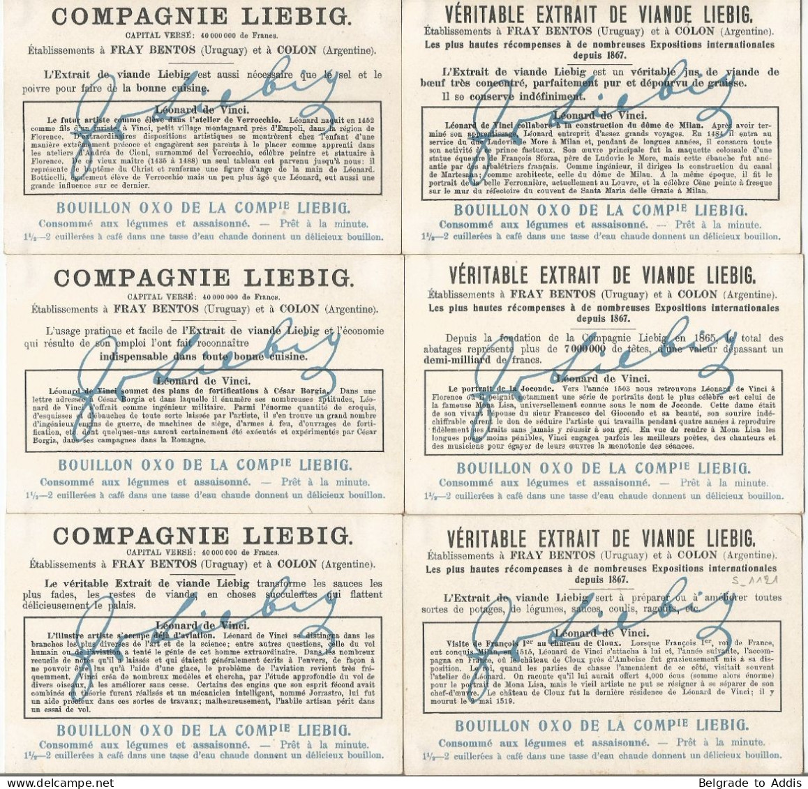 Chromo Liebig Série Compl. De 6 Chromos S_1121 Léonard De Vinci 1921 Sanguinetti - Liebig