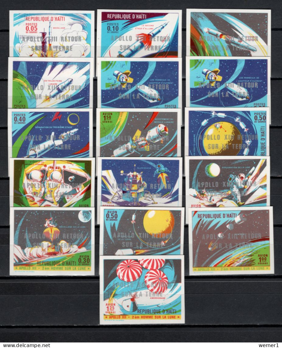 Haiti 1970 Space, Apollo 13 Set Of 16 With Oveprint "Apollo XIII Retour Sur La Terre" Imperf. MNH - Noord-Amerika