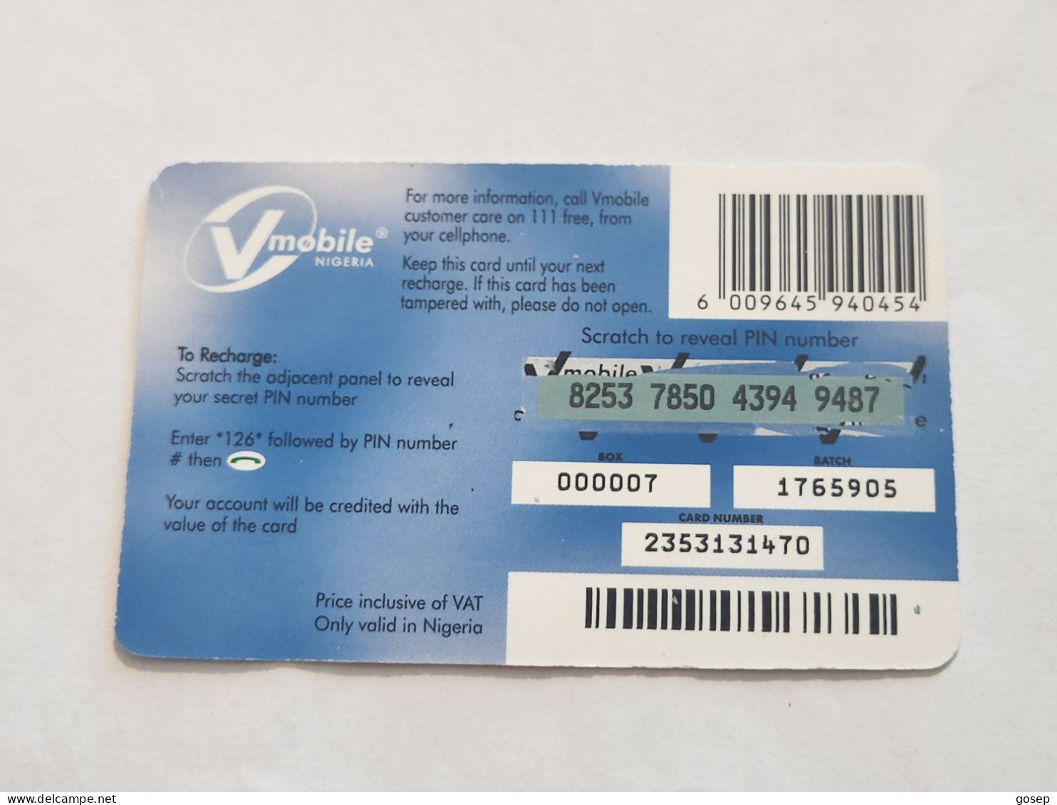 NIGERIA-(NG-VMO-REF-0002)-V-mobile-(8253-7850-4394-9487)-(21)-(1000 Naria Nigri)-used Card - Nigeria