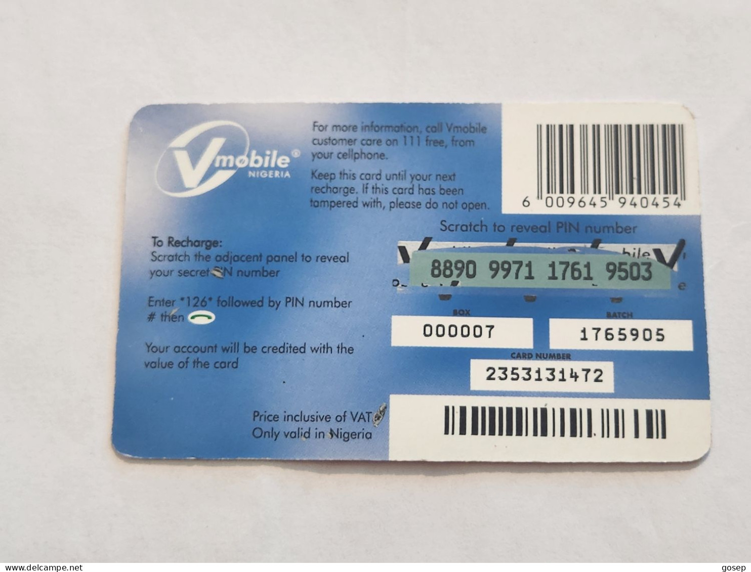 NIGERIA-(NG-VMO-REF-0002)-V-mobile-(8890-9971-1761-9503)-(22)-(1000 Naria Nigri)-used Card - Nigeria