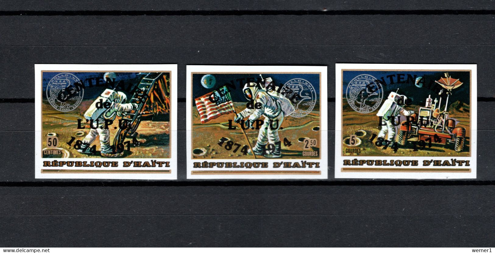 Haiti 1974 Space, UPU Centenary Set Of 3 With Overprint On Apollo 17 Imperf. MNH - North  America