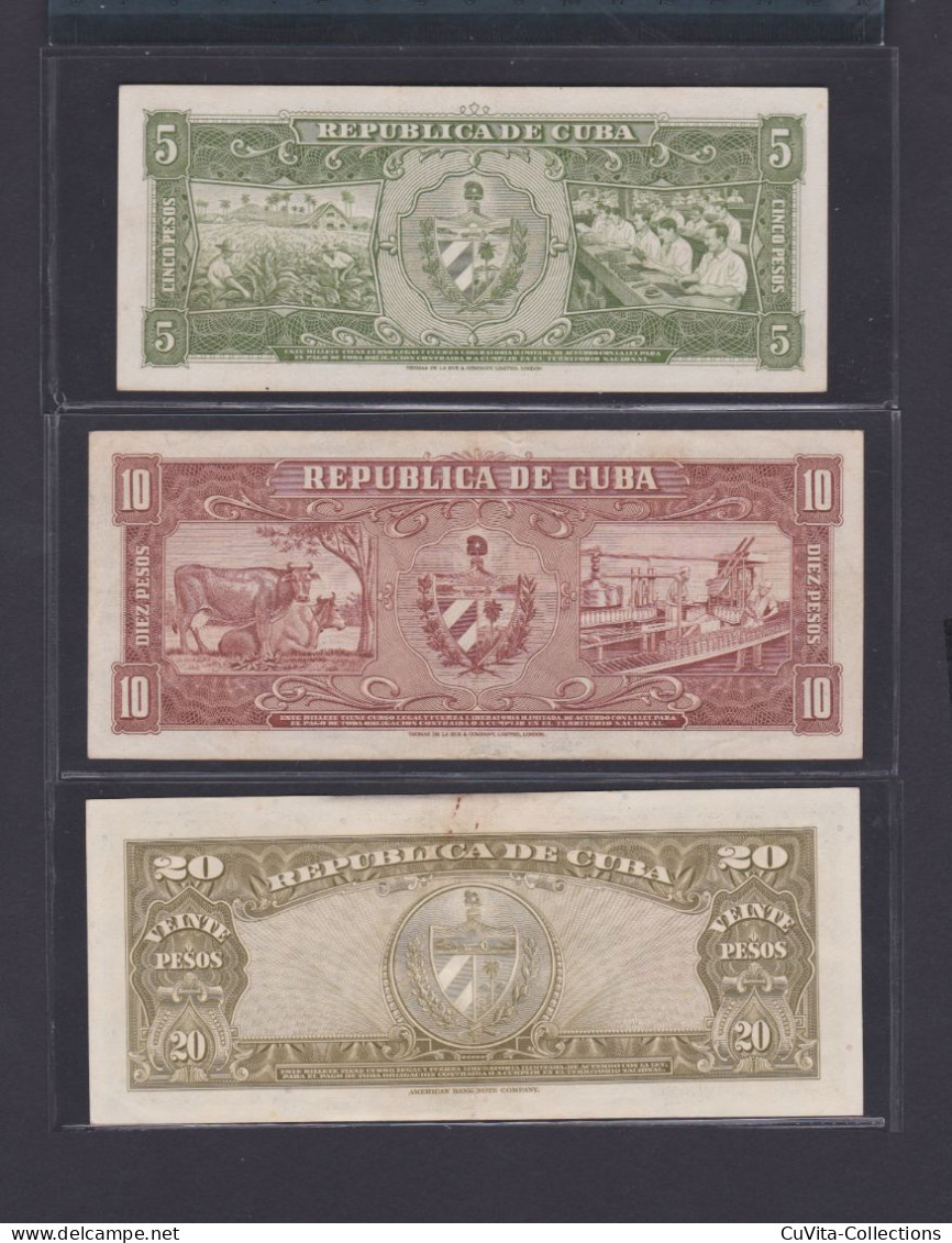 Cuba Lote De 5 Billetes De 5/10/20/50/100 Pesos 1958 (Año Muy Dificil En Algunos De Ellos) - Cuba