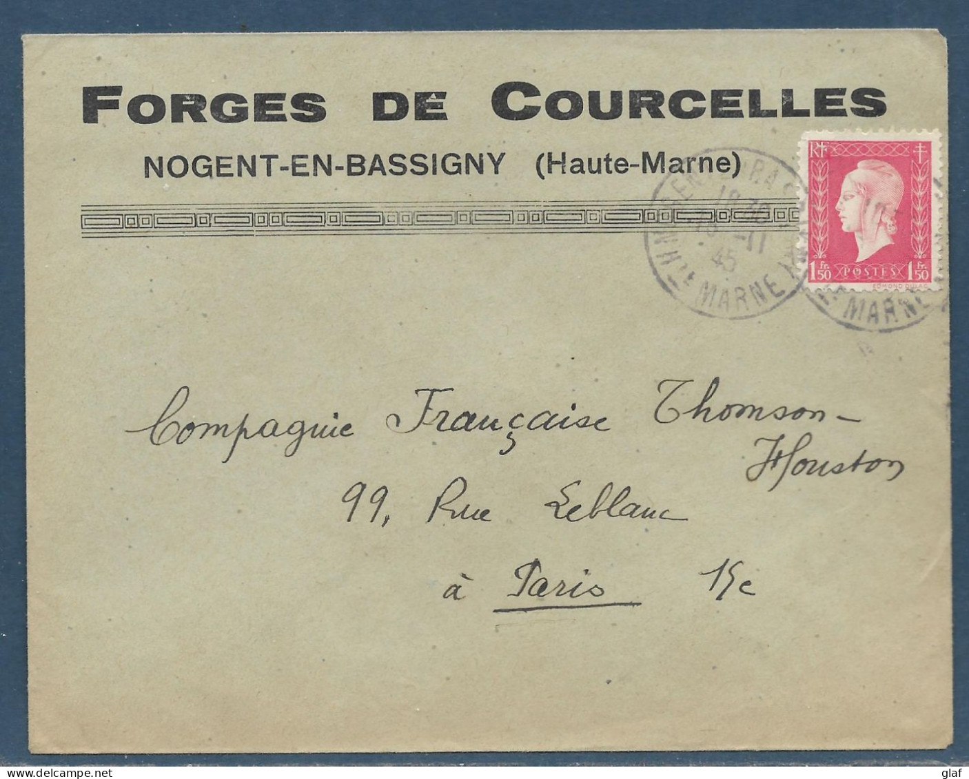 Lettre Affr. 1,50 F Marianne De Londres Tàd Nogent En Bassigny 16.2.1945 Enveloppe Illustrée Forges De Courcelles - 1944-45 Marianne (Dulac)