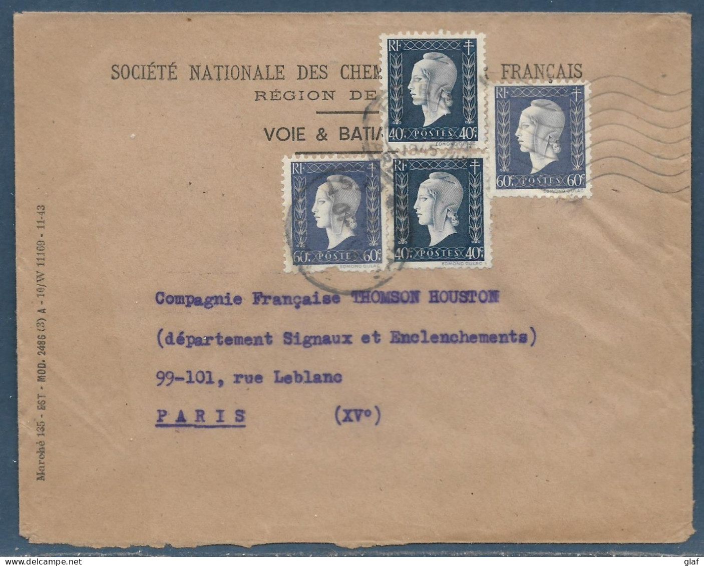 Lettre Affr. 2 X 40 C Et 2 X 60 C Marianne De Londres Omec Paris Gare De L’Est 1945 - 1944-45 Marianne Of Dulac